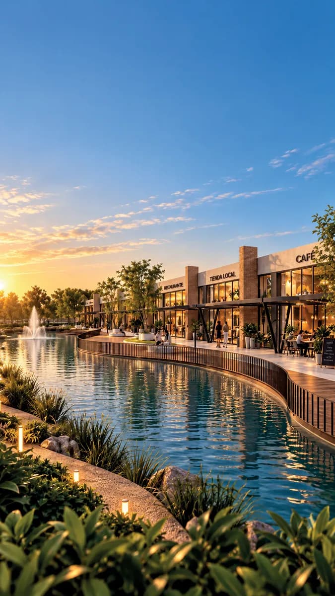 Bulevar comercial con restaurante, café y tienda local frente al lago