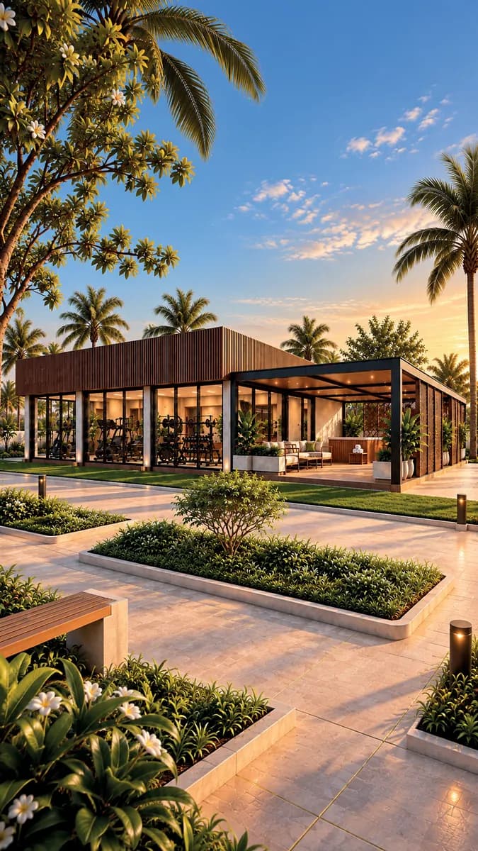 Club house con gimnasio y lounge al anochecer