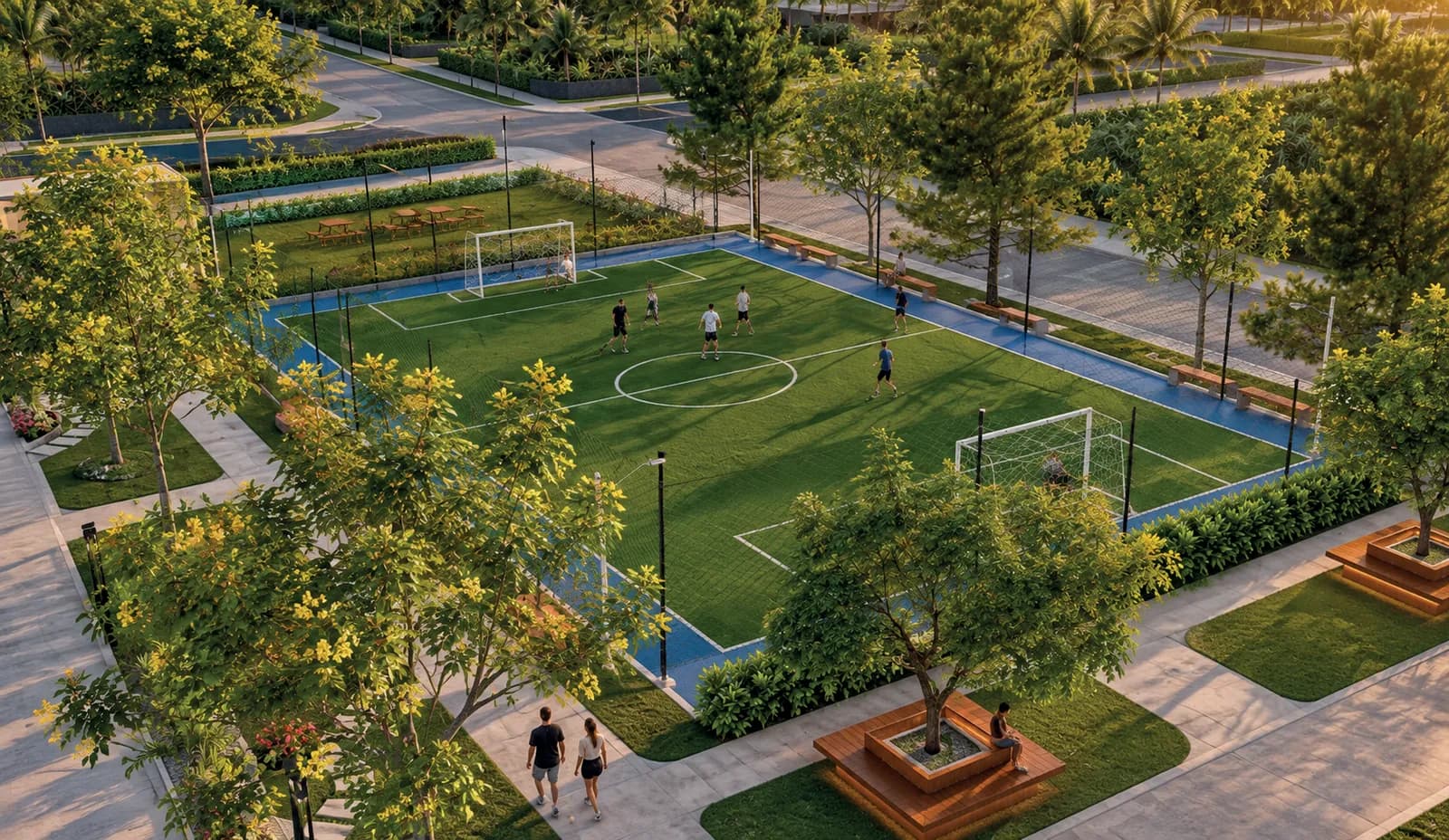 Cancha de fútbol, piscina y parque infantil