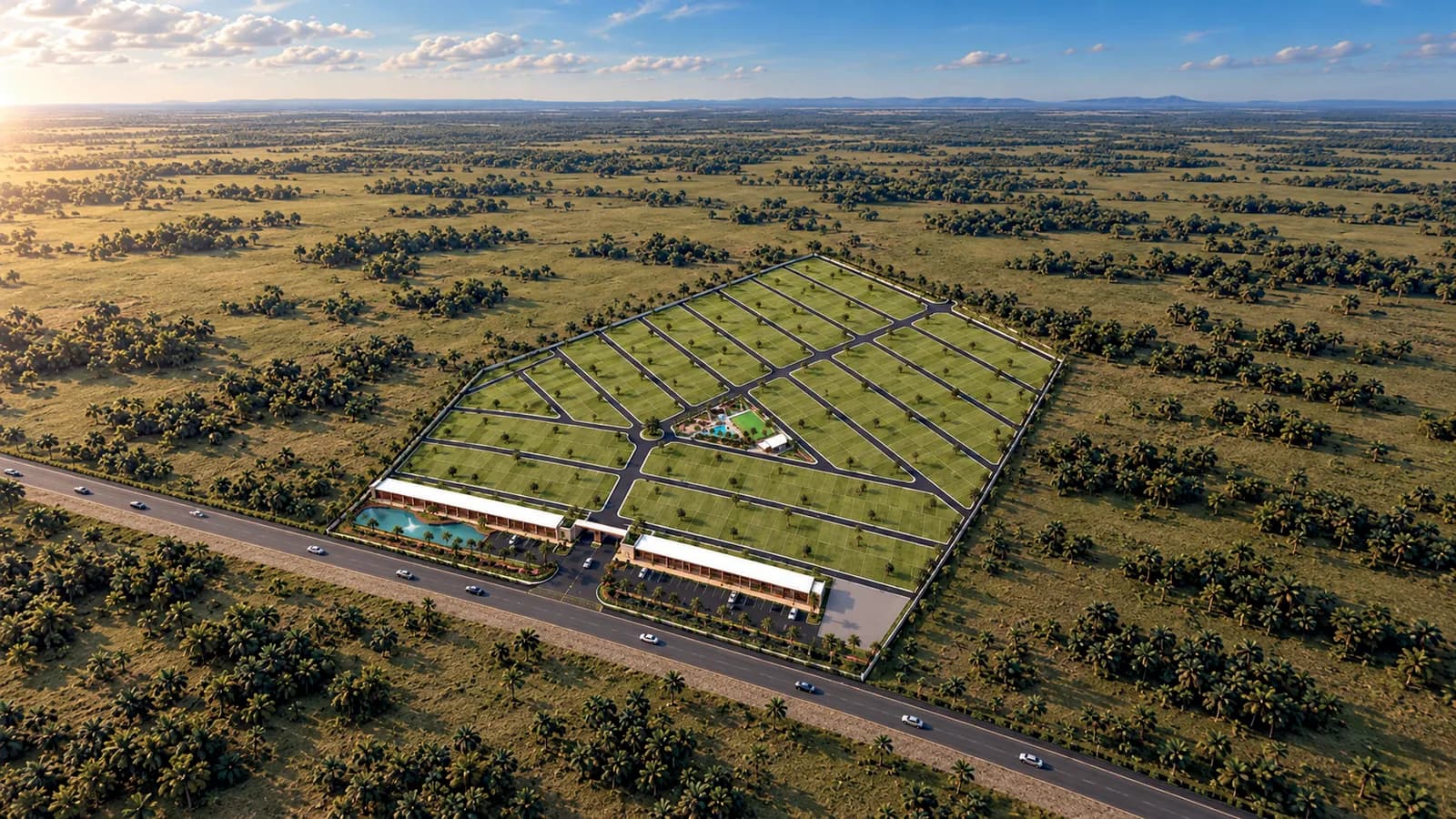 Vista aérea del condominio campestre junto a la vía principal