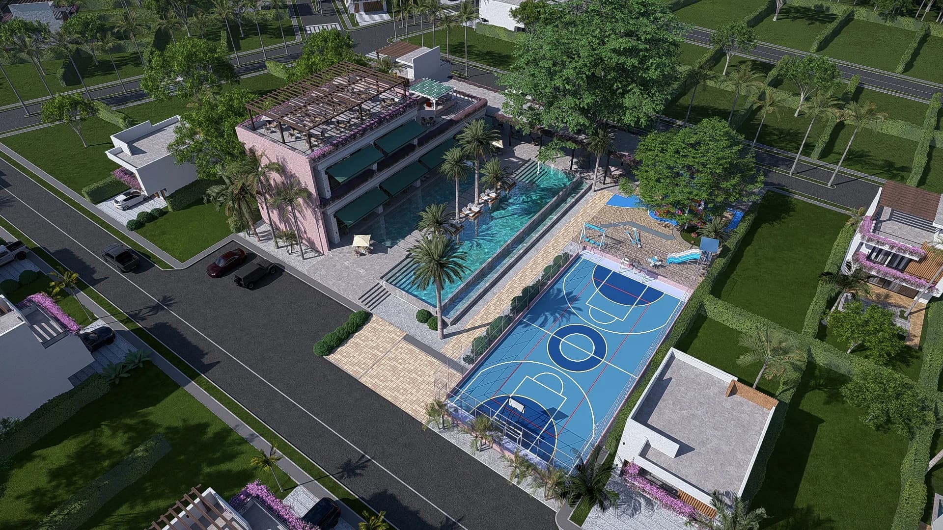 Vista aérea de Bonavento con piscina, cancha múltiple y club house