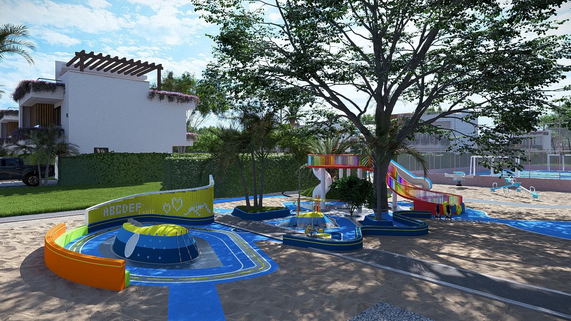 Parque infantil con juegos y toboganes