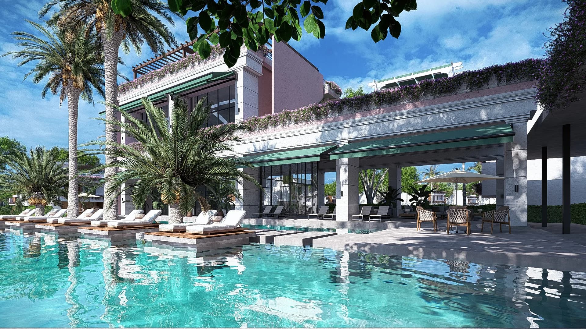 Piscina infinita de Bonavento con palmeras y zona de descanso