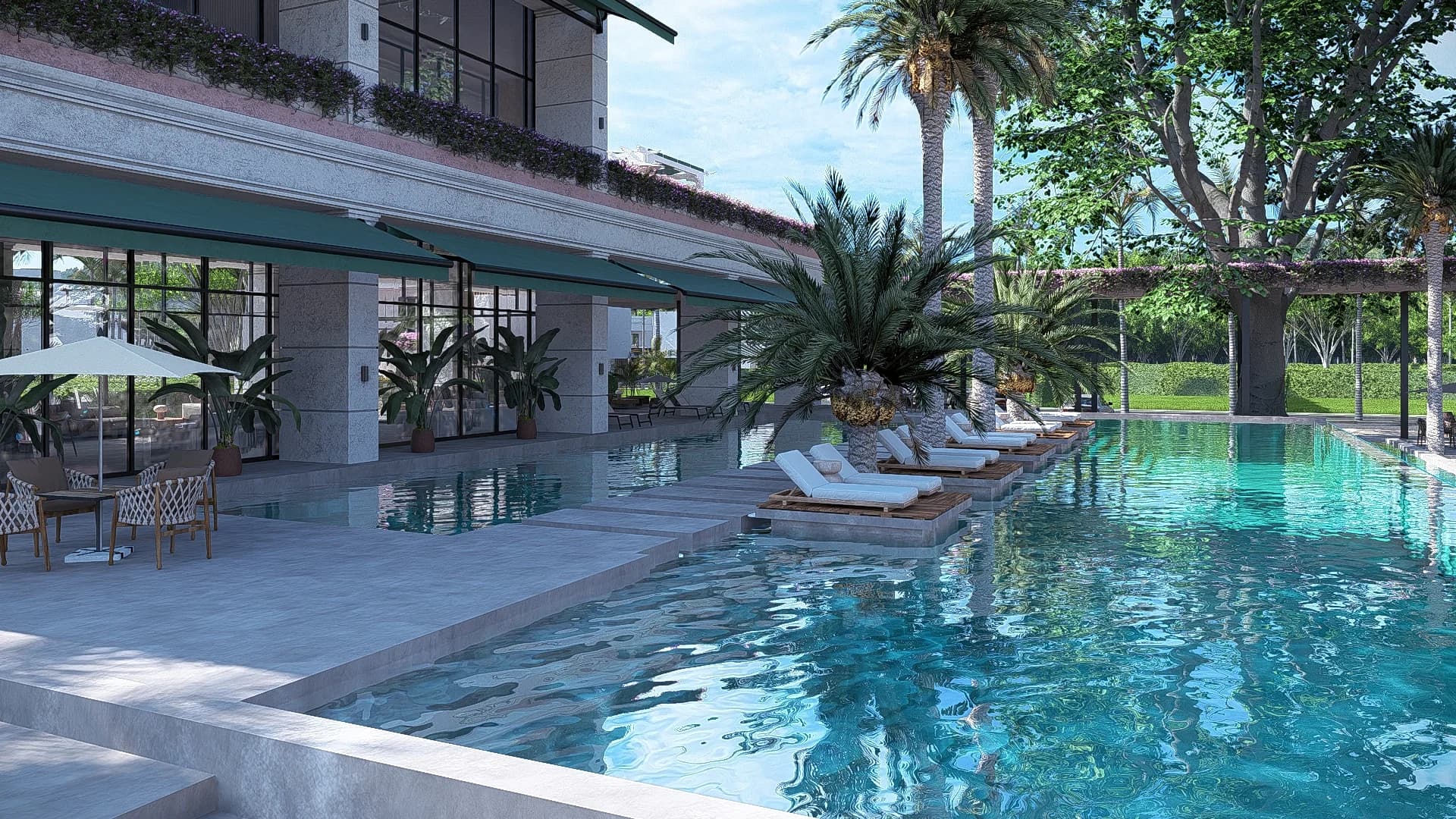 Zona de hamacas y reposeras junto a la piscina