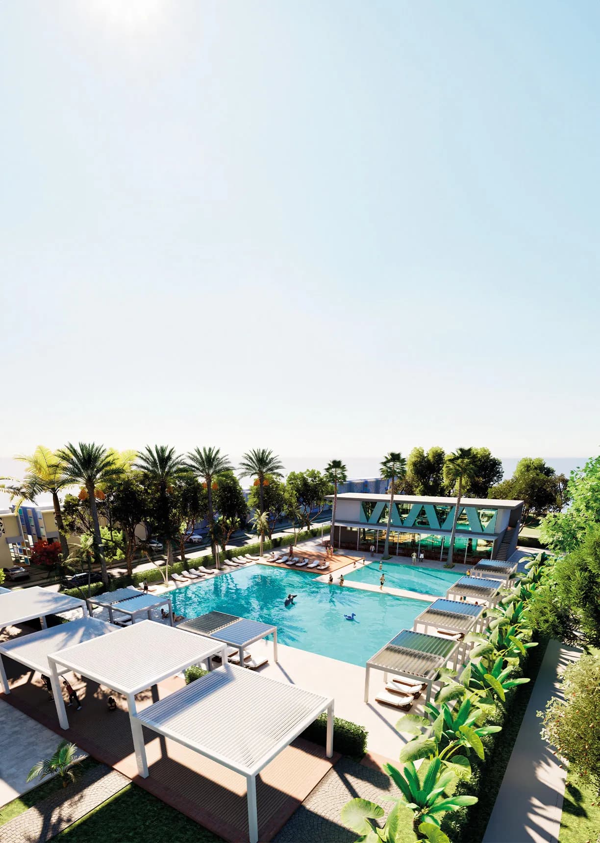 Club de playa con piscina frente al mar