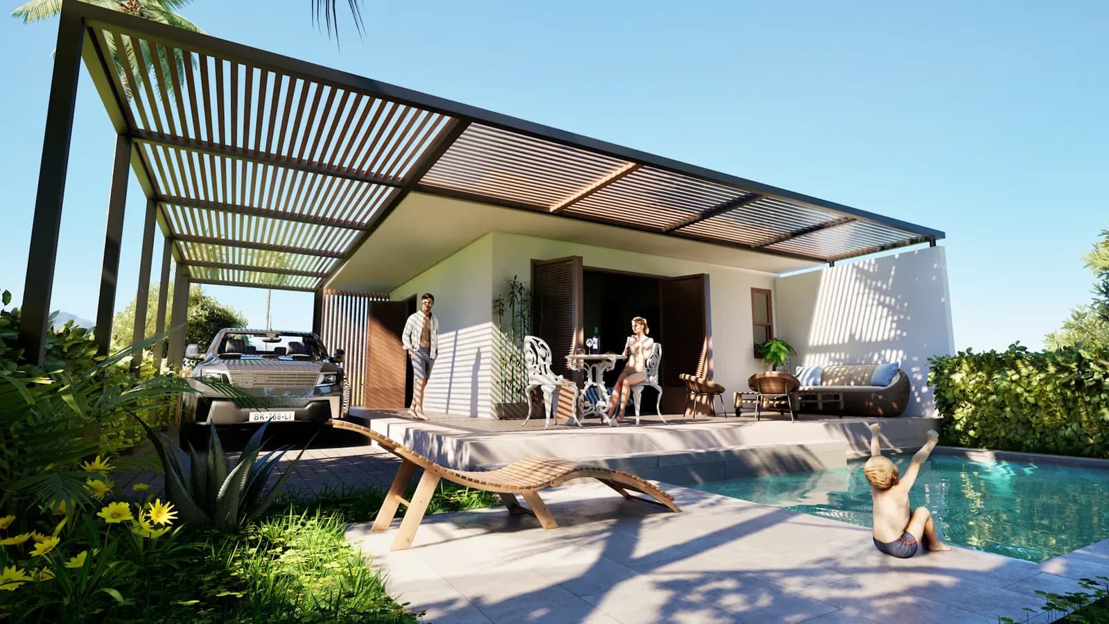 Terraza con pérgola y piscina privada