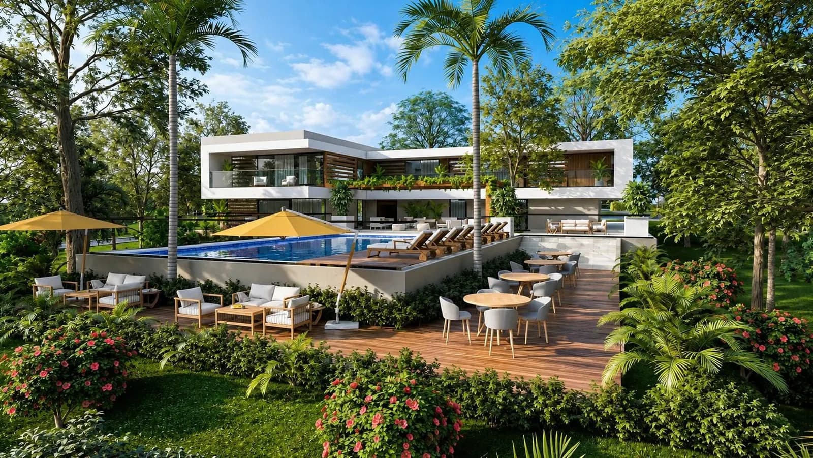 Casa contemporánea con piscina y deck entre palmeras