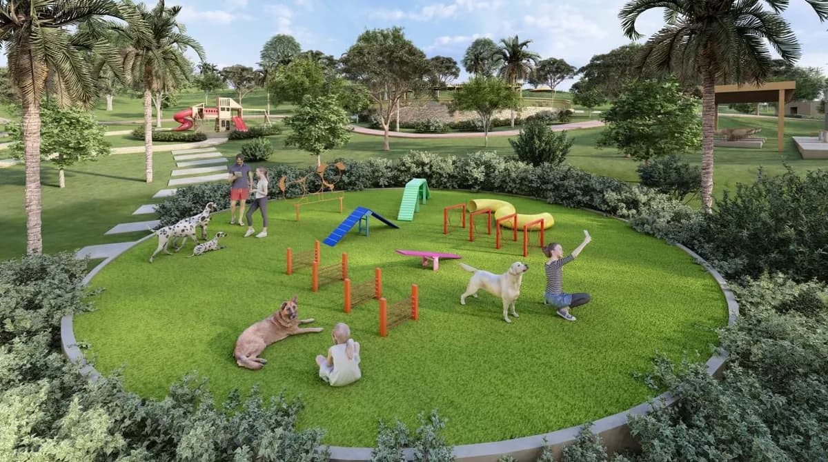 Parque circular con zona de juegos y mascotas