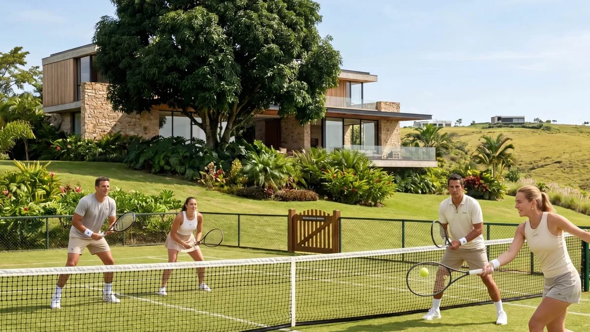 Cancha de tenis en uso junto a la zona verde