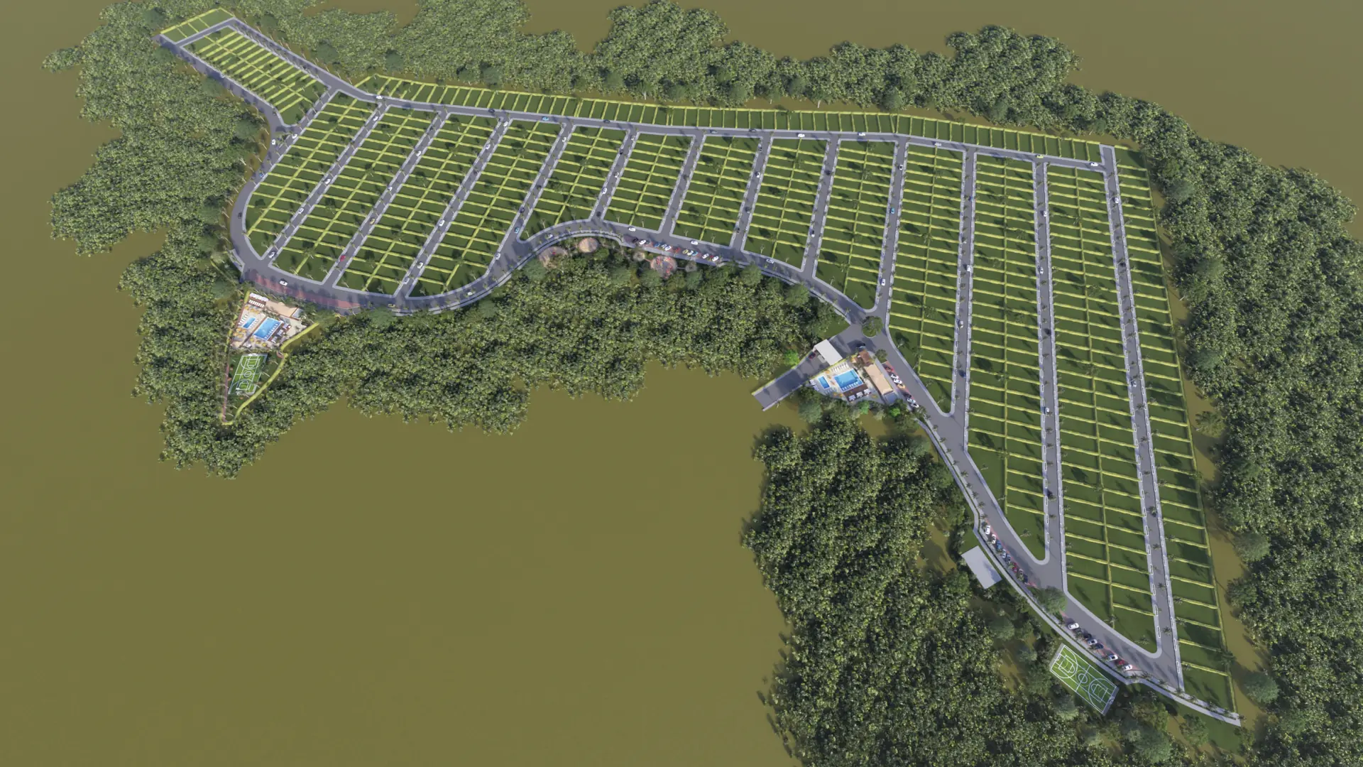 Vista aérea del master plan de Prado Norte con sus lotes y zona social