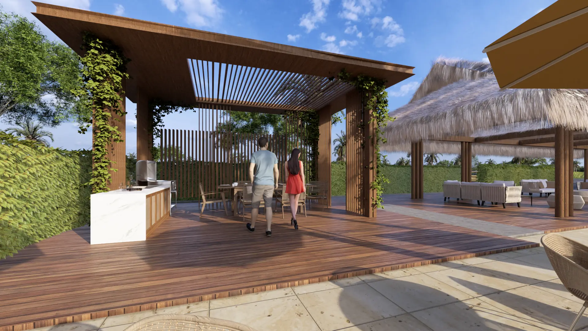 Zona de BBQ de Prado Norte con pérgola y comedor al aire libre