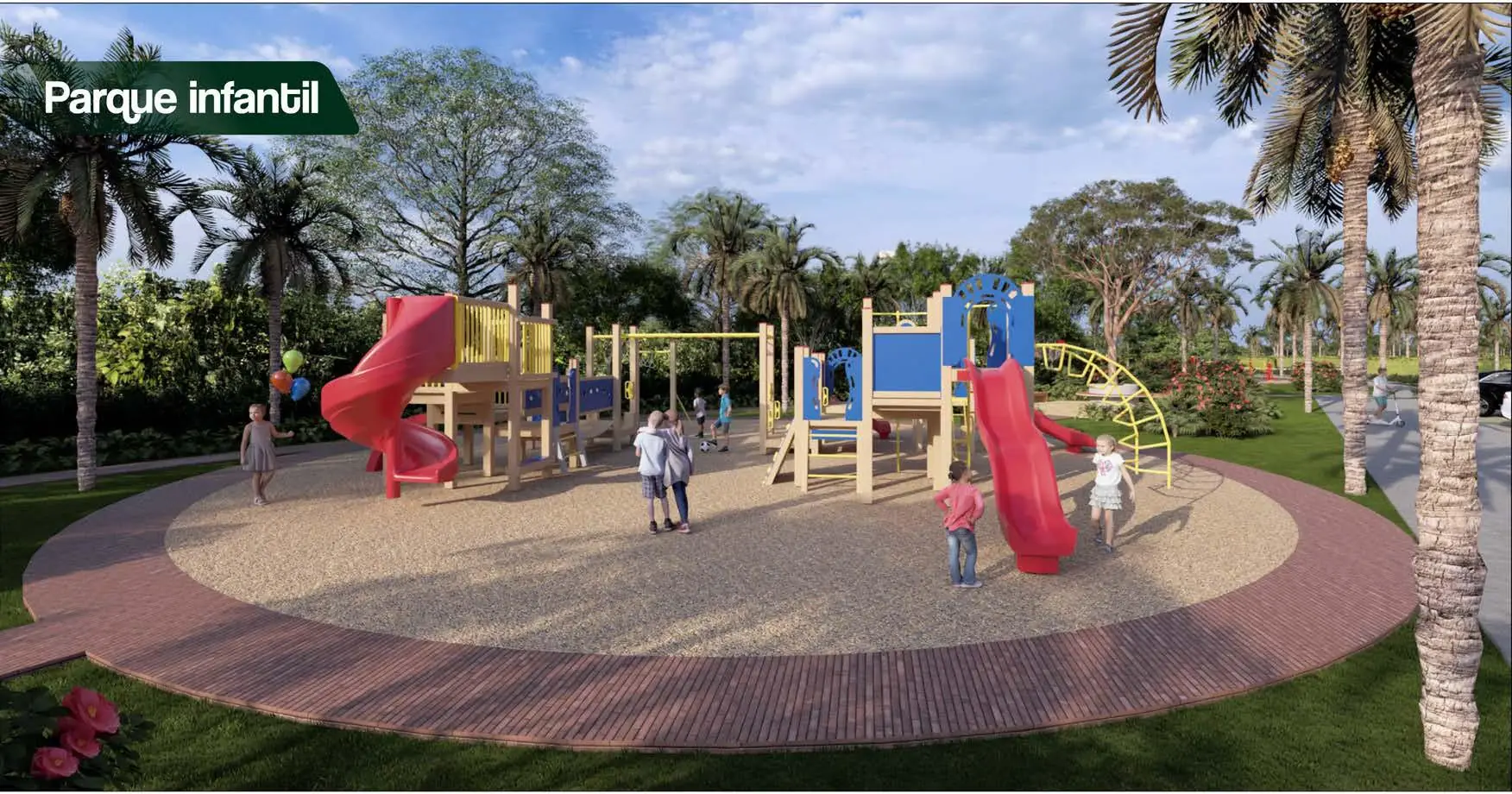 Parque infantil de Prado Norte rodeado de palmeras