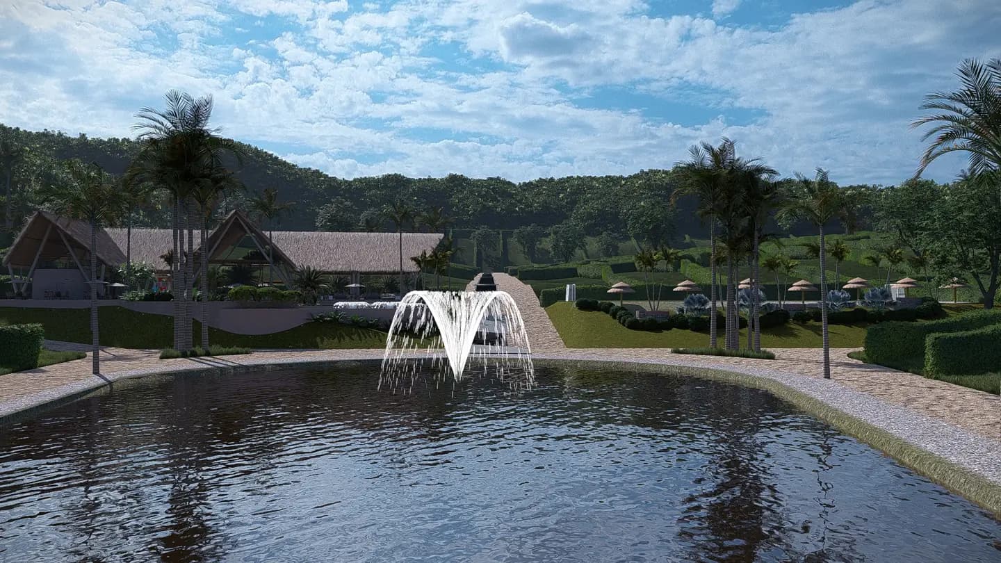 Espejo de agua con fuente frente al club house