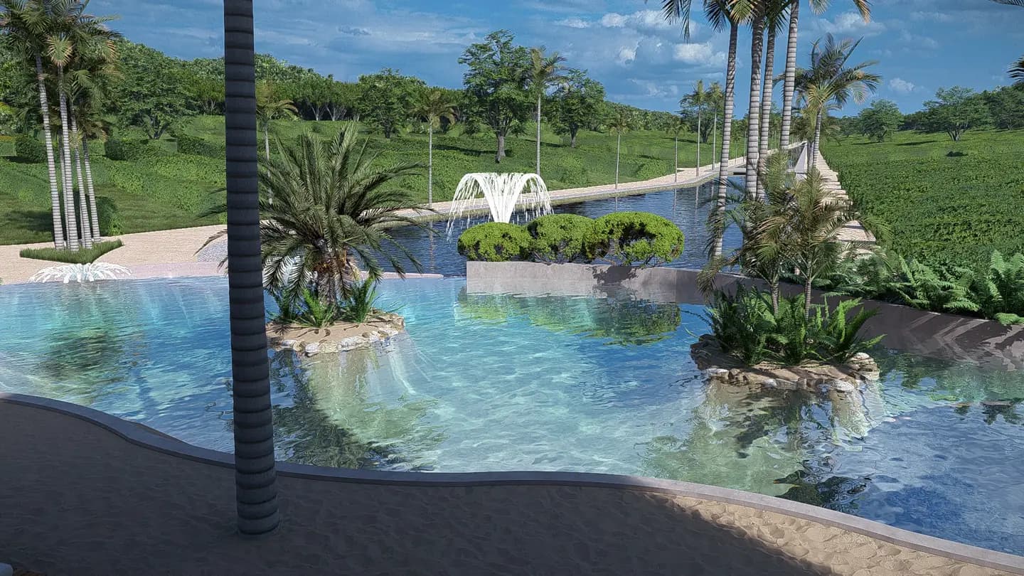 Piscina con islas de palmeras y zona de descanso