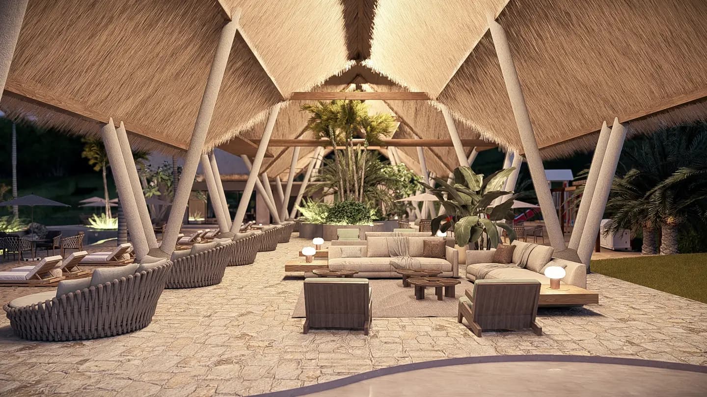 Salón social bajo la cubierta de palma del club house