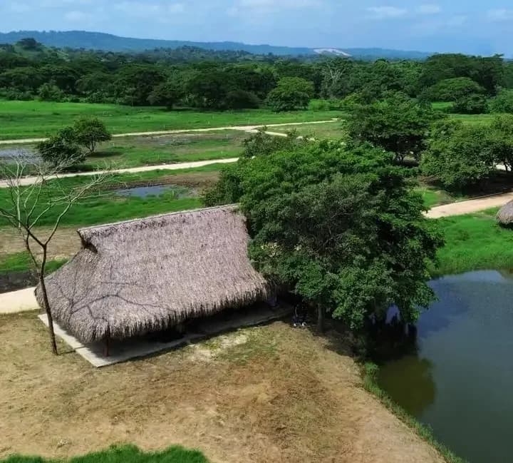 Vista aérea del terreno de Villas de María con lago natural y zonas verdes