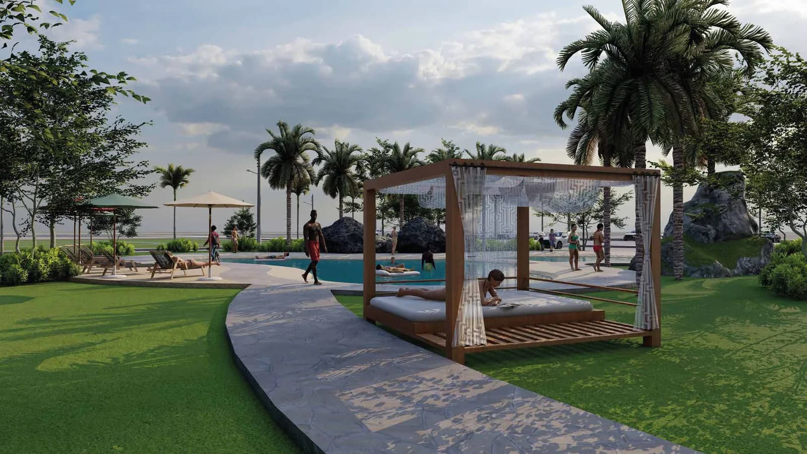 Piscina con camas balinesas