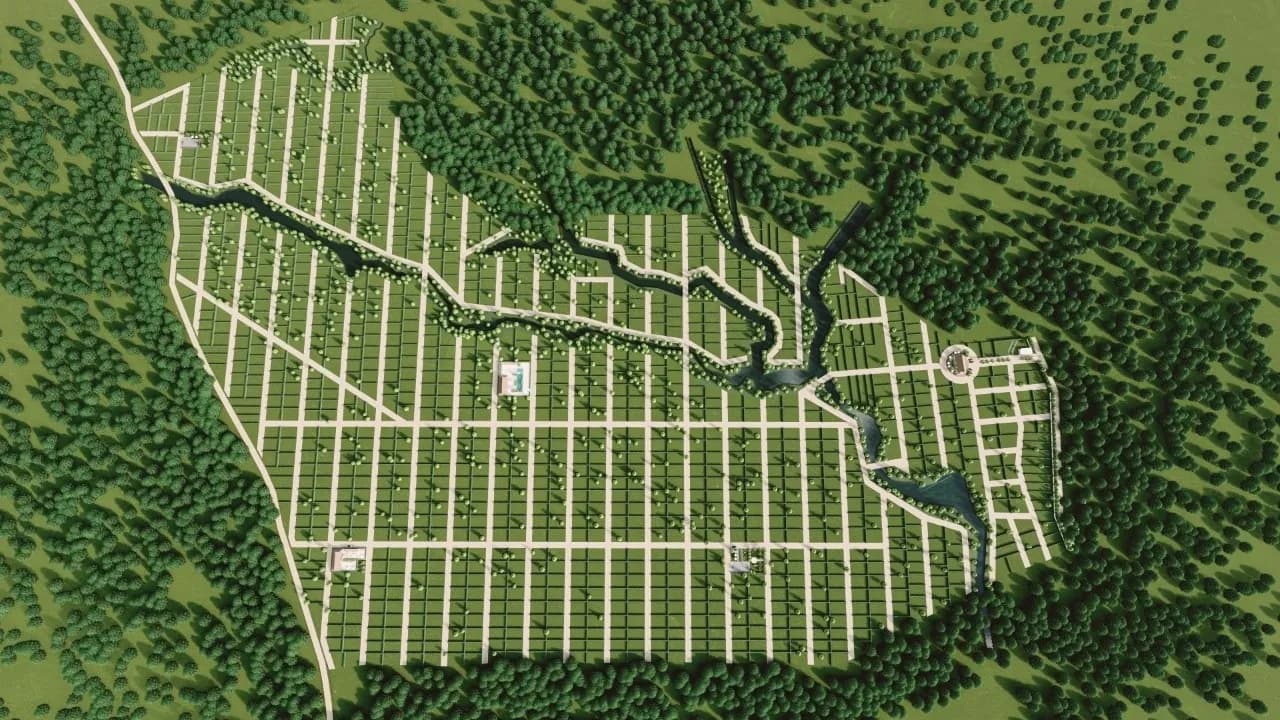 Vista aérea del master plan de El Nogal con sus etapas y cuerpos de agua
