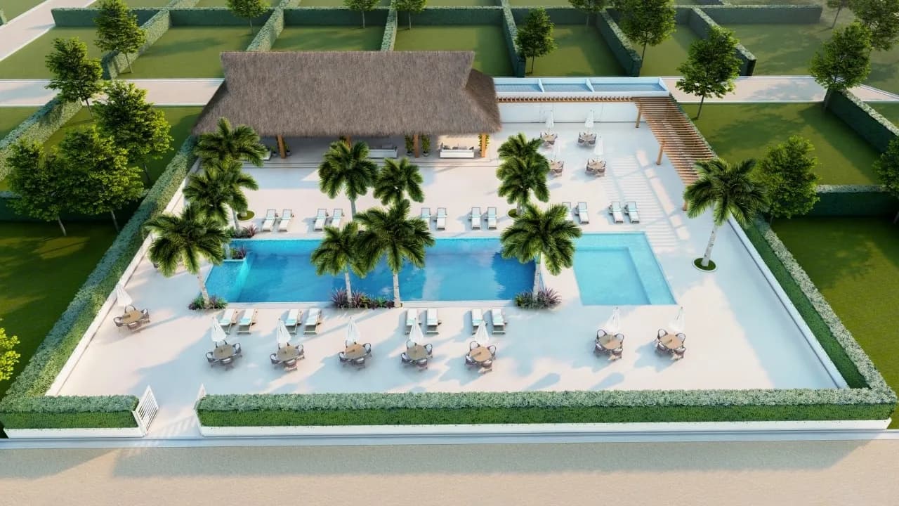 Vista aérea de la zona social y piscinas de El Nogal