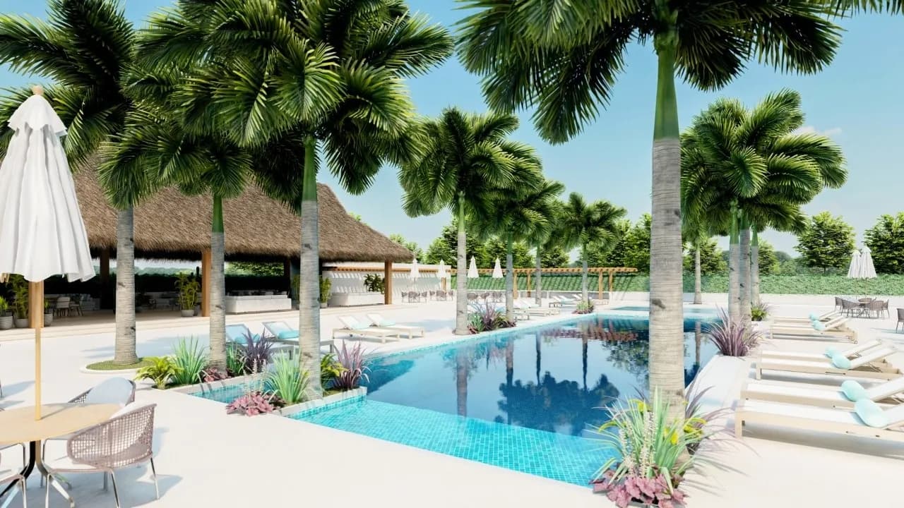 Piscina y zona social de El Nogal entre palmeras