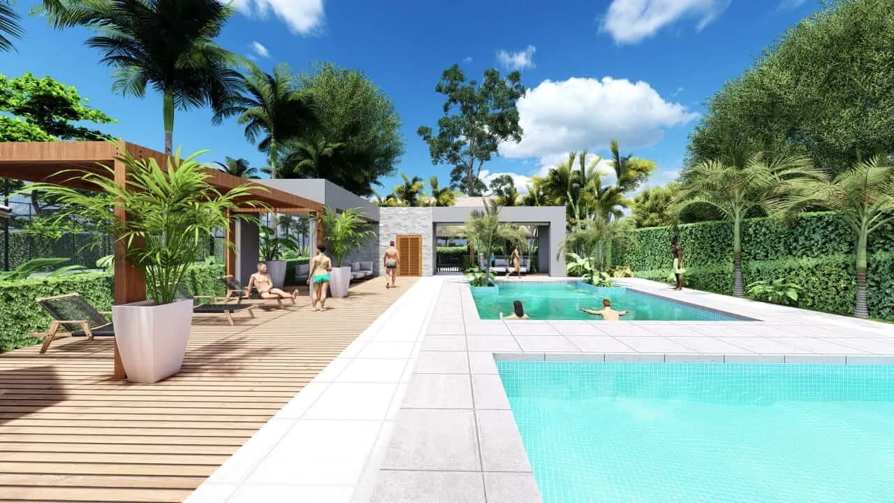 Piscina rodeada de palmeras