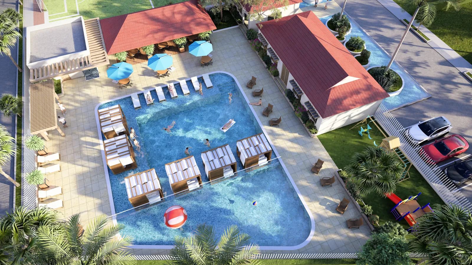 Club social con piscina y camas balinesas