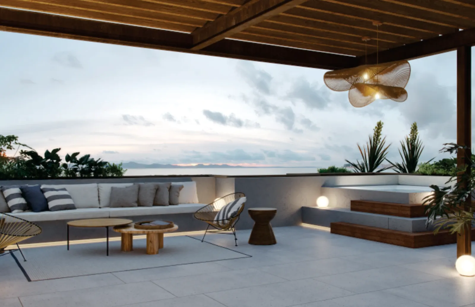Terraza cubierta de la Casa Bonga con vista al horizonte