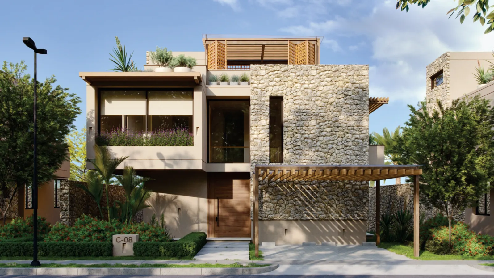 Fachada de la Casa Coral en piedra y madera