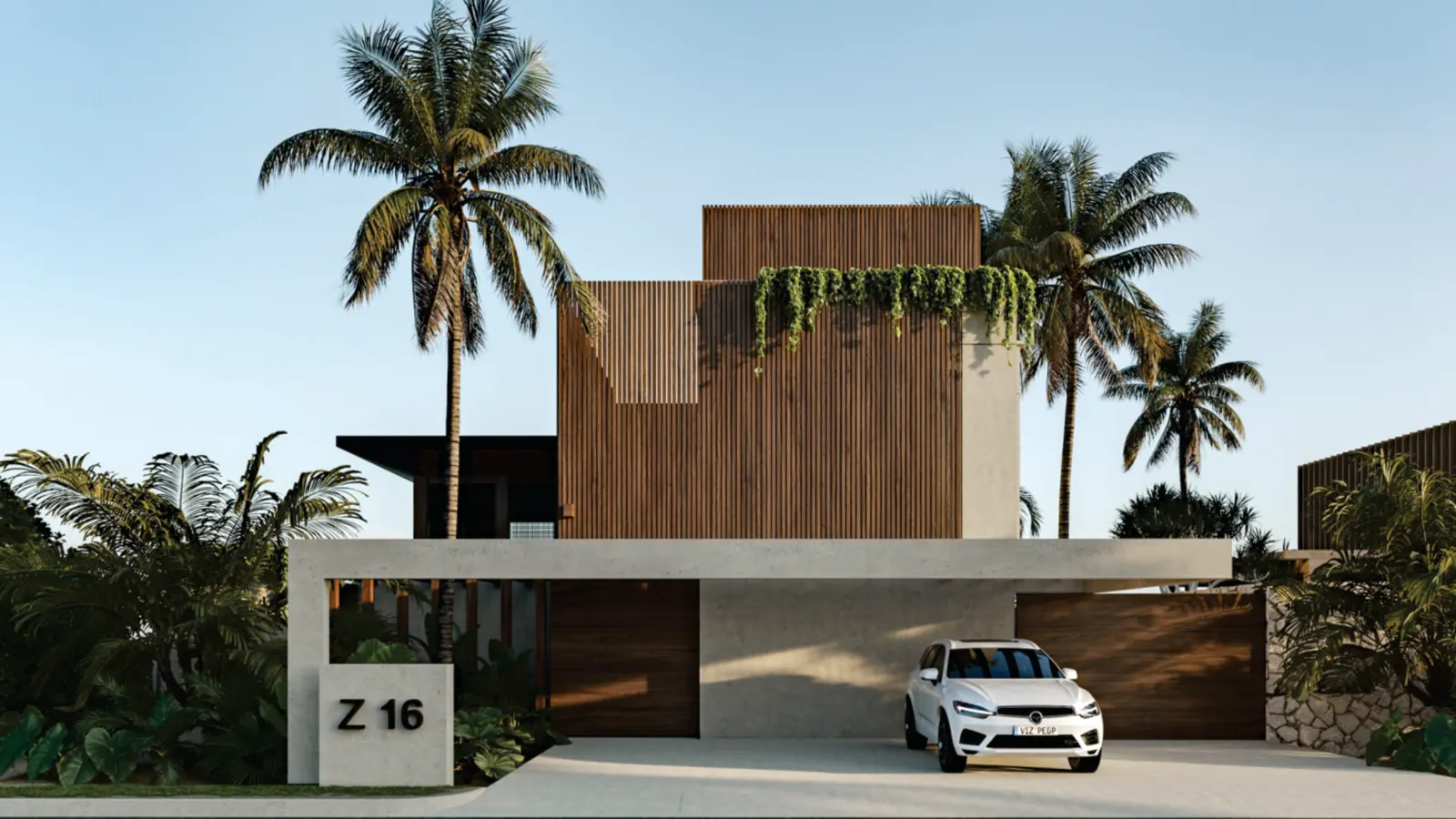 Fachada de la Casa Teka con celosías de madera