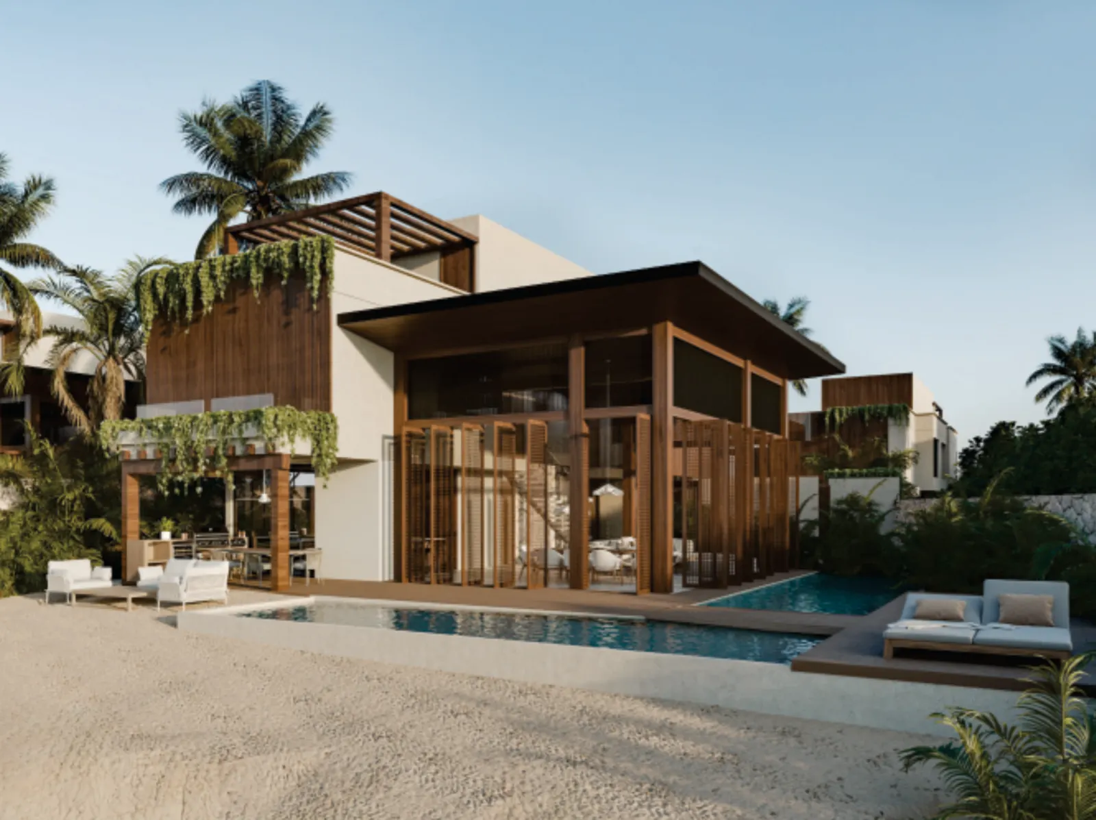 Casa Teka con piscina y fachada de madera