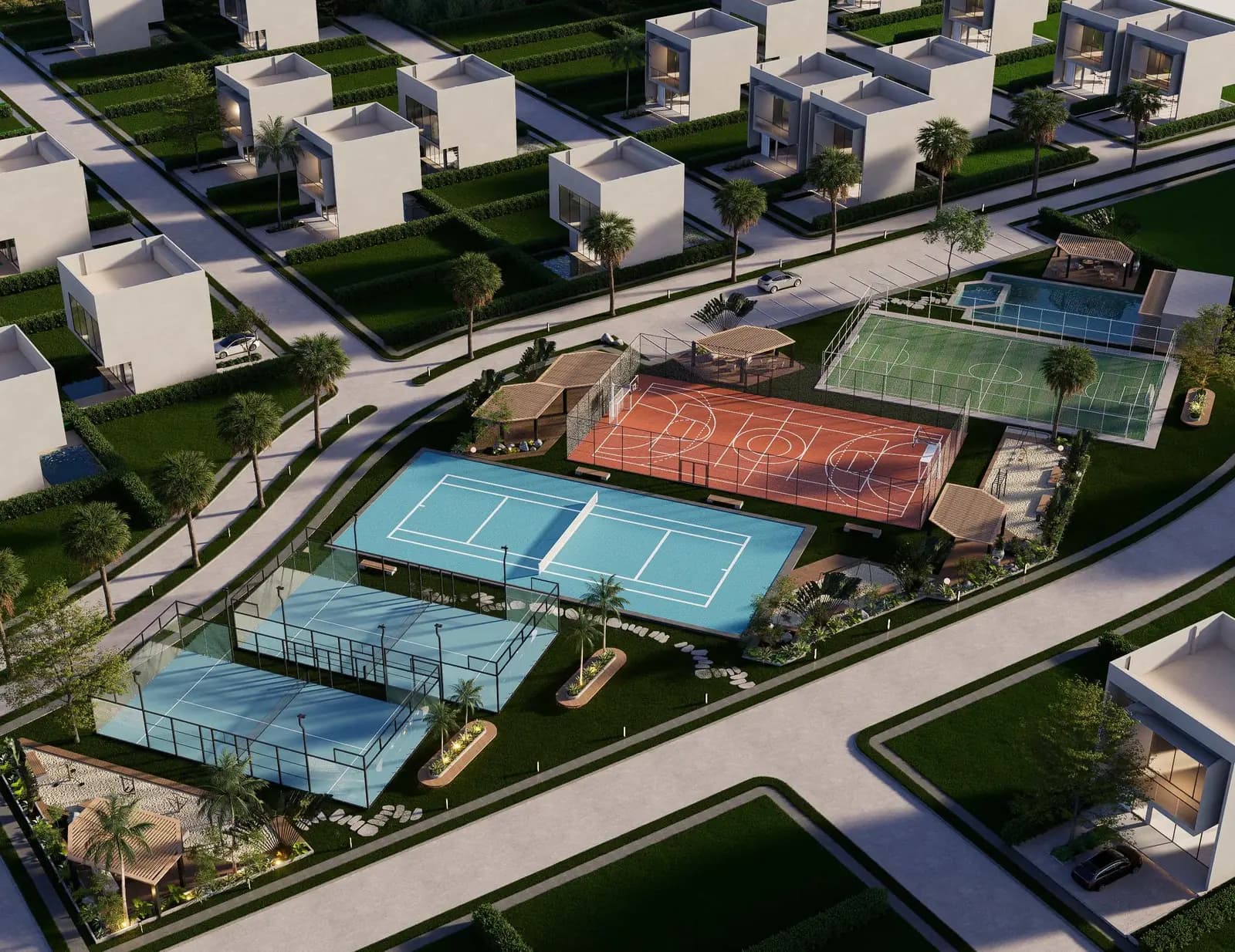 Vista aérea de los lotes urbanizados y la zona deportiva