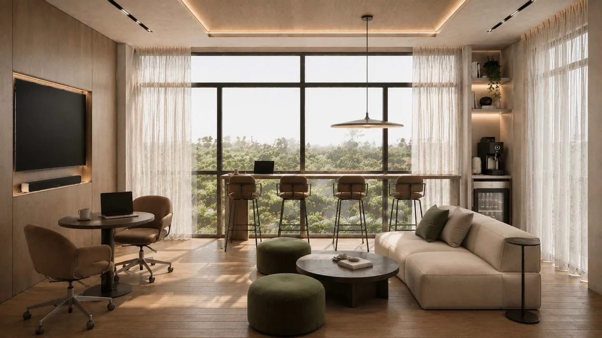 Espacio de coworking con ventanales al jardín